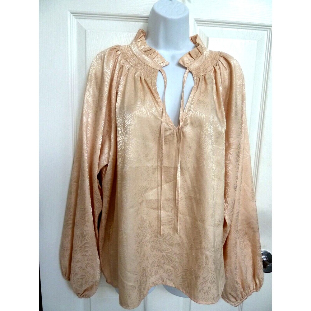 KARLIE Champagne Satiny Smocked Ruffle Neck Blouse Balloon Sleeve Large